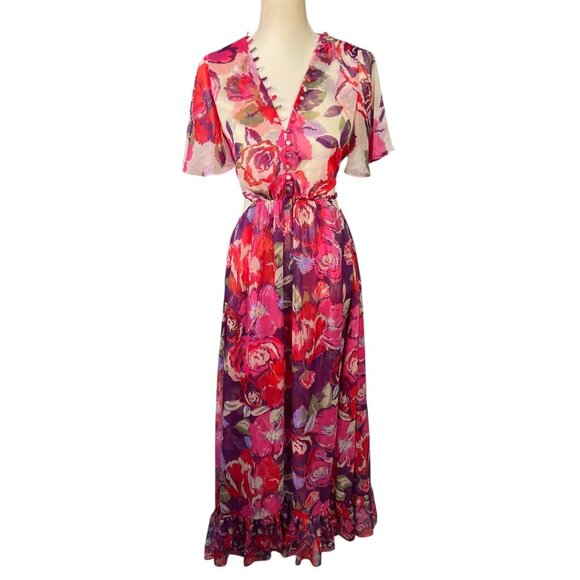 Misa Los Angeles Calista Floral Open Back Flutter Sleeve Maxi Dress Pink Size XS - Picture 1 of 8